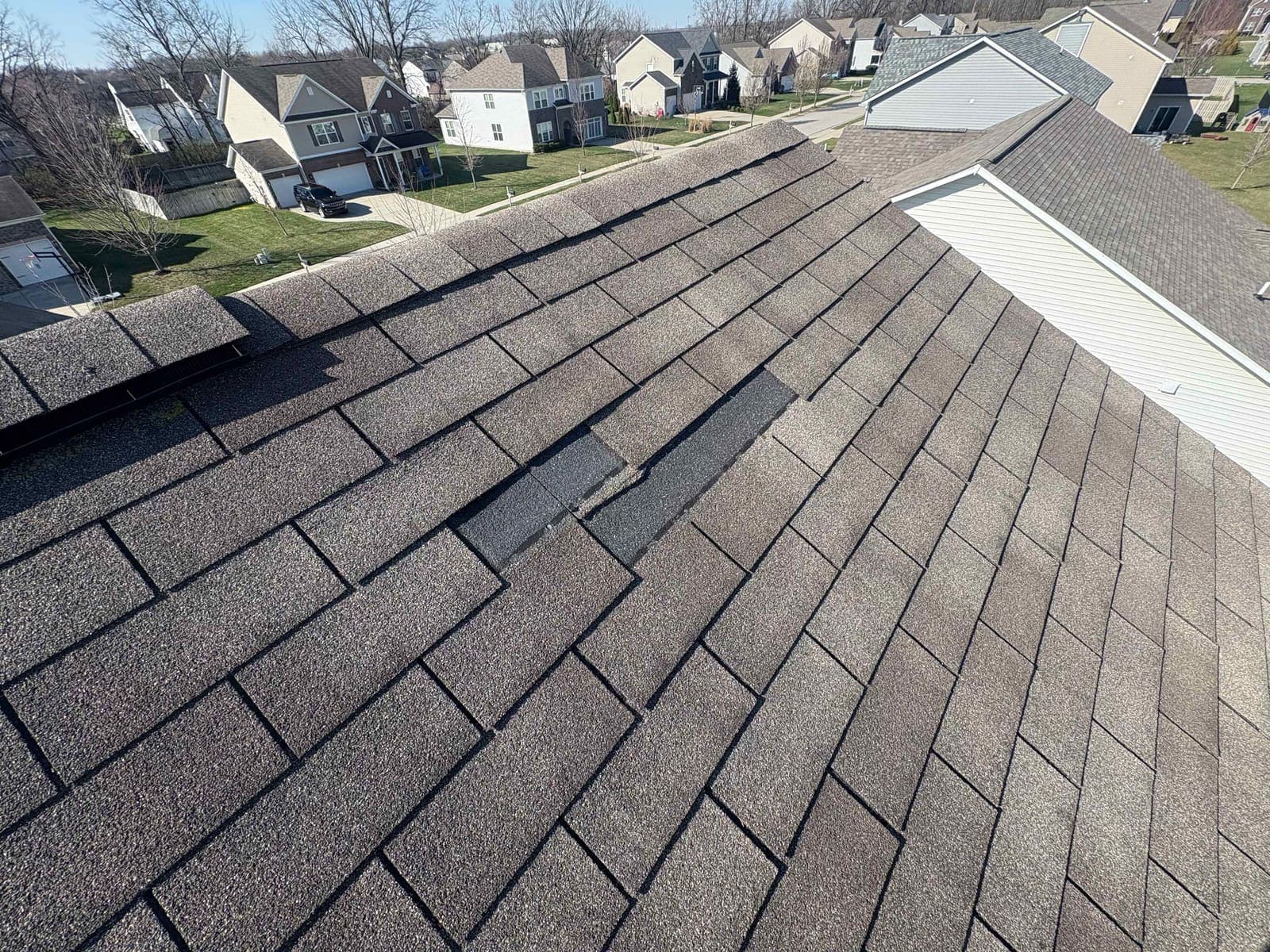 Close-up of missing shingle tabs on an asphalt roof with black felt showing through the gaps, wind damage documented near Whitestown